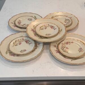 VTG Dinner & Dessert Plates Set Hand Painted Floral Gold Trim Arnart Porcelain